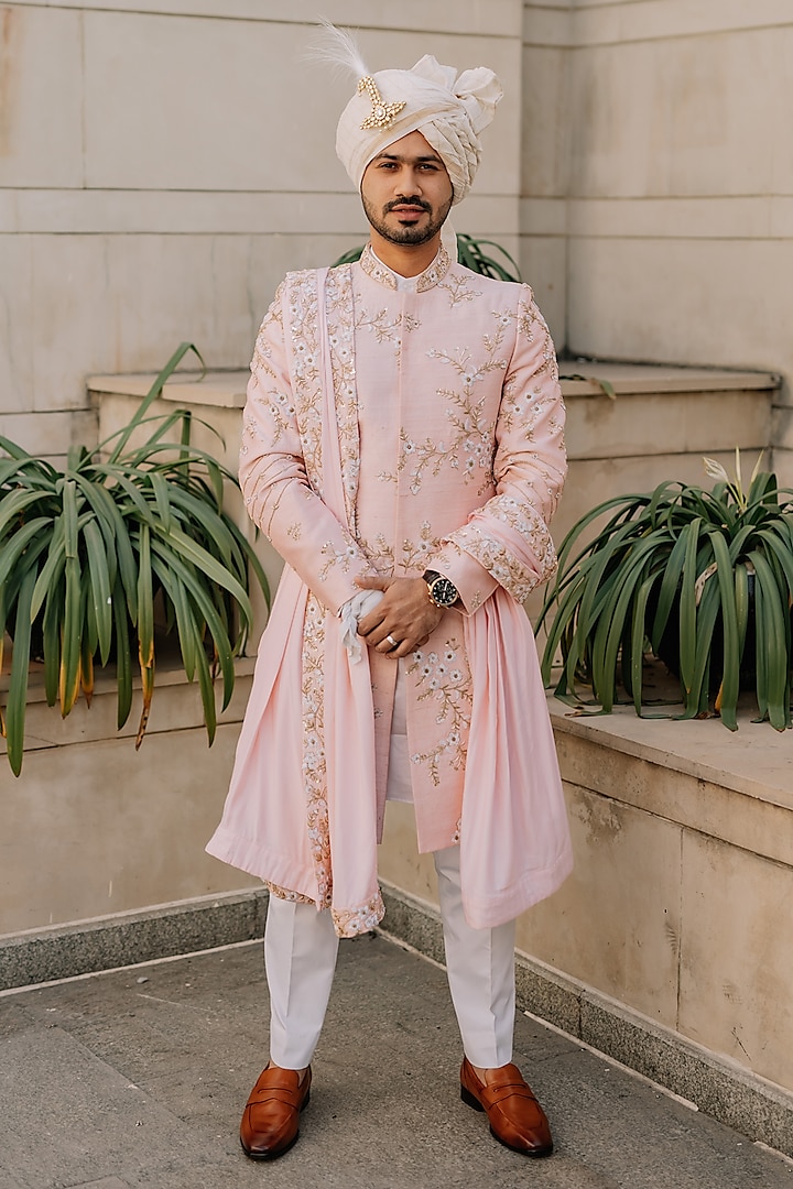 Blush Pink Raw Silk Embroidered Groom Sherwani Set by Contrast By Parth at Pernia's Pop Up Shop