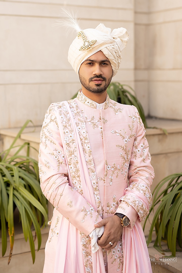 Blush Pink Raw Silk Embroidered Groom Sherwani Set by Contrast By