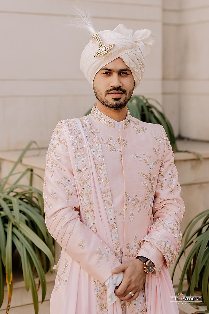 Blush Pink Raw Silk Embroidered Groom Sherwani Set by Contrast By Parth at Pernia's Pop Up Shop
