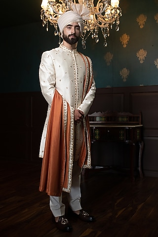 Beige Raw Silk Hand Embroidered Sherwani Set by Contrast By Parth