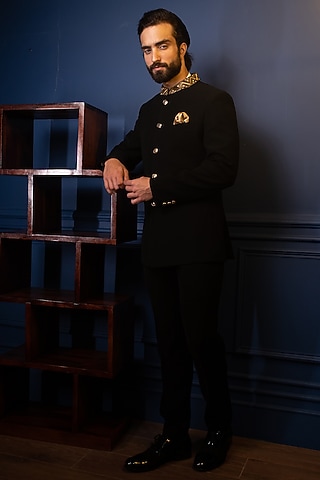 Black Italian Suiting Bandhgala Set by Contrast By Parth
