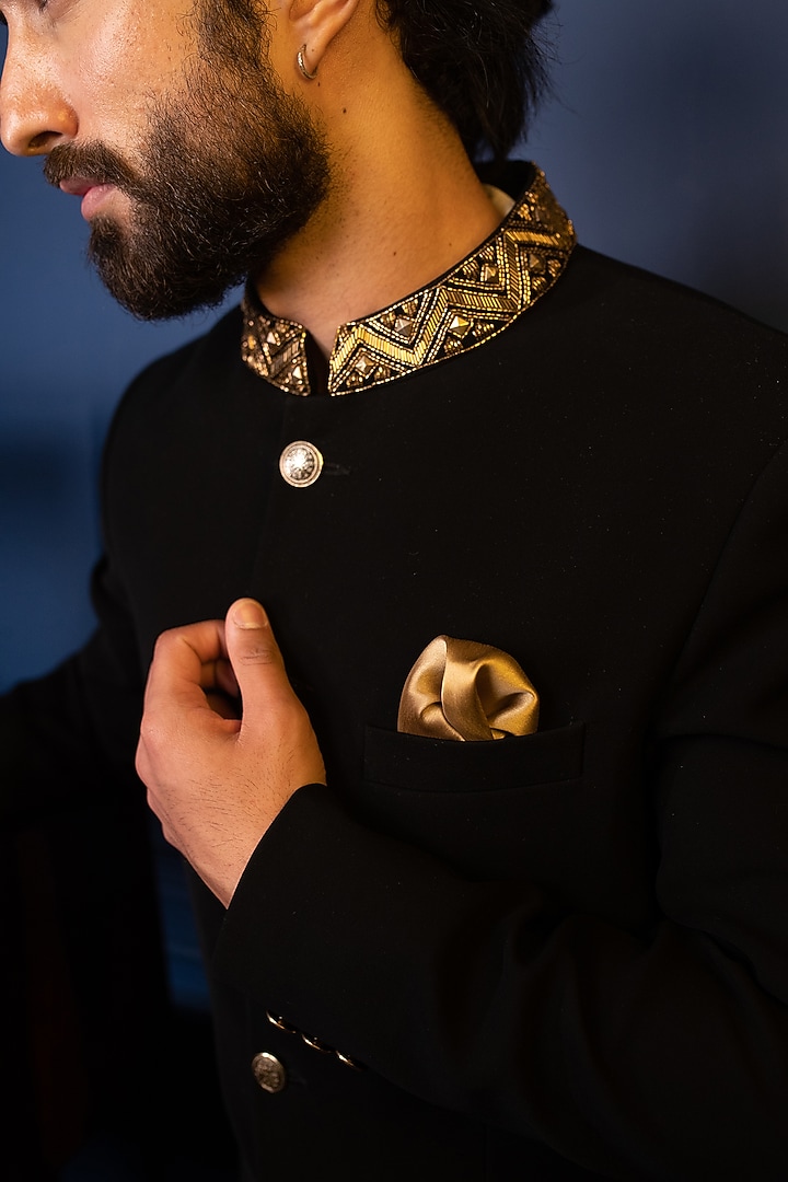Black Italian Suiting Wedding Bandhgala Set by Contrast By Parth at Pernia's Pop Up Shop