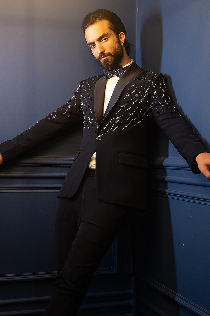 Dark Blue Italian Suiting Tuxedo Set by Contrast By Parth at Pernia's Pop Up Shop