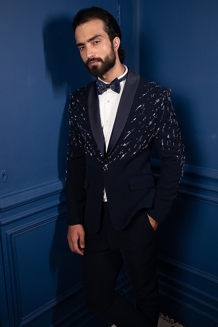 Dark Blue Italian Suiting Tuxedo Set by Contrast By Parth at Pernia's Pop Up Shop