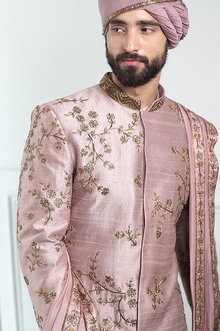 Dark Mauve Raw Silk Hand Embroidered Groom Sherwani Set by Contrast By Parth at Pernia's Pop Up Shop
