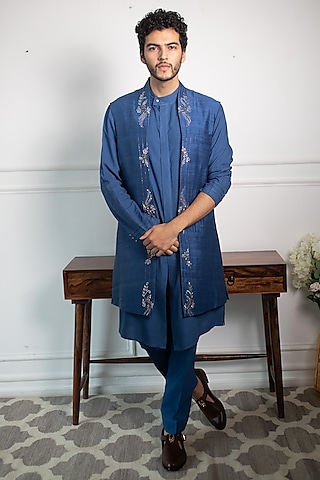 Indigo Blue Raw Silk Embroidered Jacket Set by Contrast By Parth