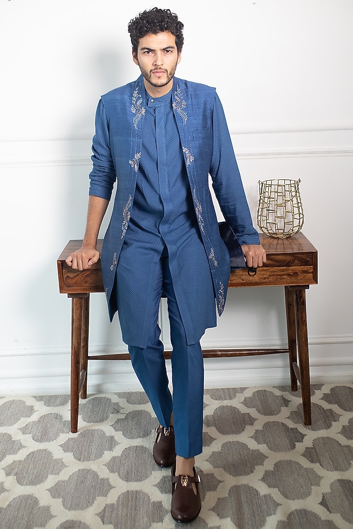 Indigo Blue Raw Silk Embroidered Jacket Set by Contrast By Parth at Pernia's Pop Up Shop