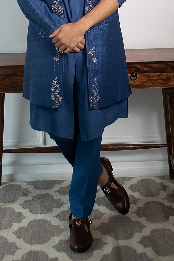 Indigo Blue Raw Silk Embroidered Jacket Set by Contrast By Parth at Pernia's Pop Up Shop