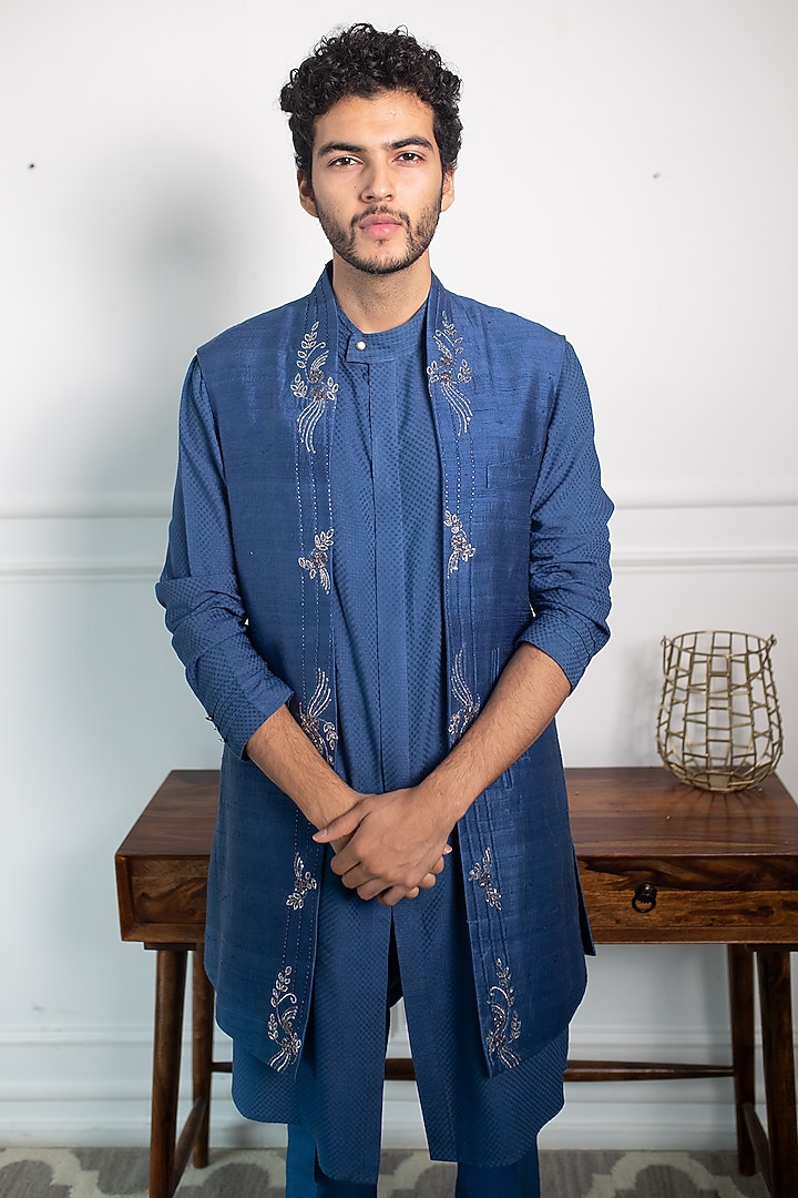Indigo Blue Raw Silk Embroidered Jacket Set by Contrast By Parth at Pernia's Pop Up Shop
