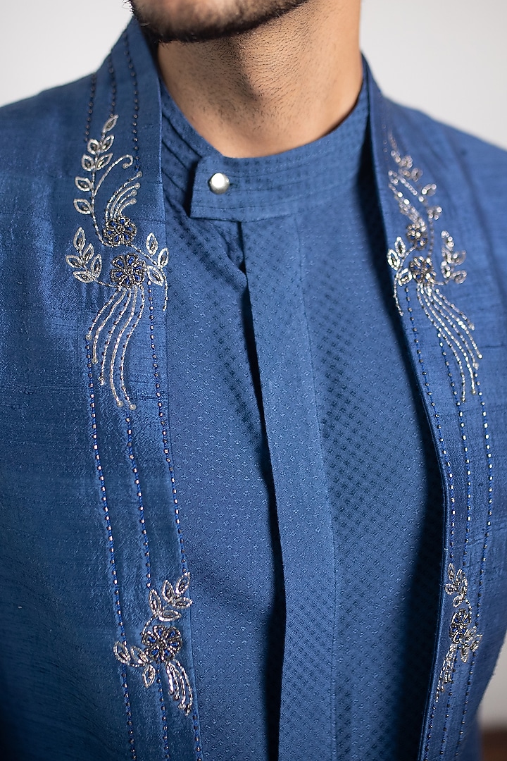 Indigo Blue Raw Silk Embroidered Jacket Set by Contrast By Parth at Pernia's Pop Up Shop