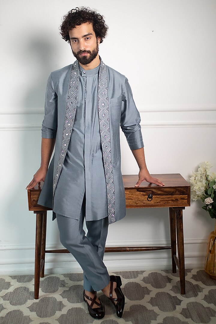 Midnight Grey Embroidered Jacket Set by Contrast By Parth