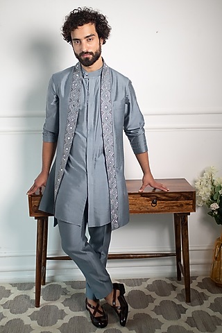 Midnight Grey Cotton Silk Embroidered Jacket Set by Contrast By Parth