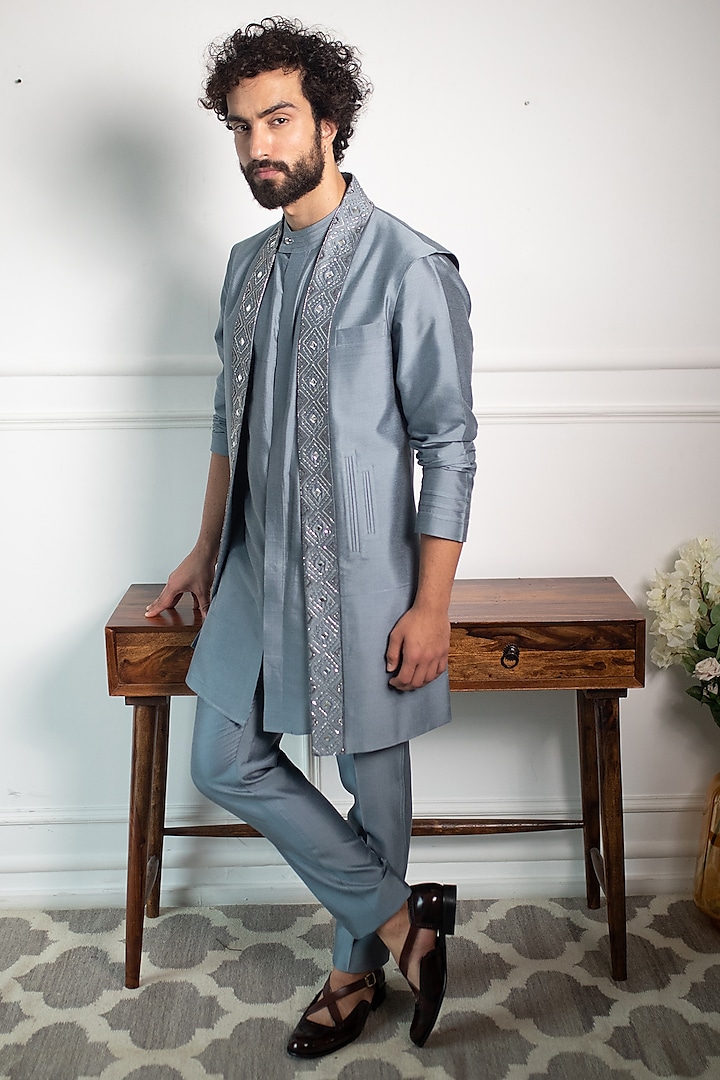 Midnight Grey Cotton Silk Embroidered Jacket Set by Contrast By Parth at Pernia's Pop Up Shop