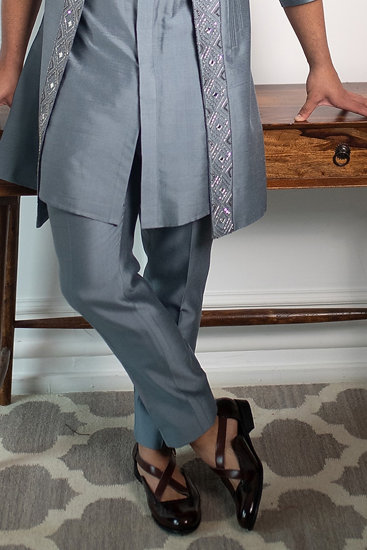 Midnight Grey Cotton Silk Embroidered Jacket Set by Contrast By Parth at Pernia's Pop Up Shop