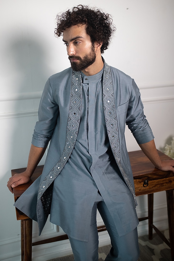 Midnight Grey Cotton Silk Embroidered Jacket Set by Contrast By Parth at Pernia's Pop Up Shop