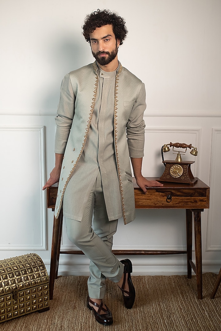Dusty Green Embroidered Jacket Set by Contrast By Parth