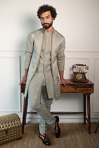 Dusty Green Silk Embroidered Jacket Set by Contrast By Parth