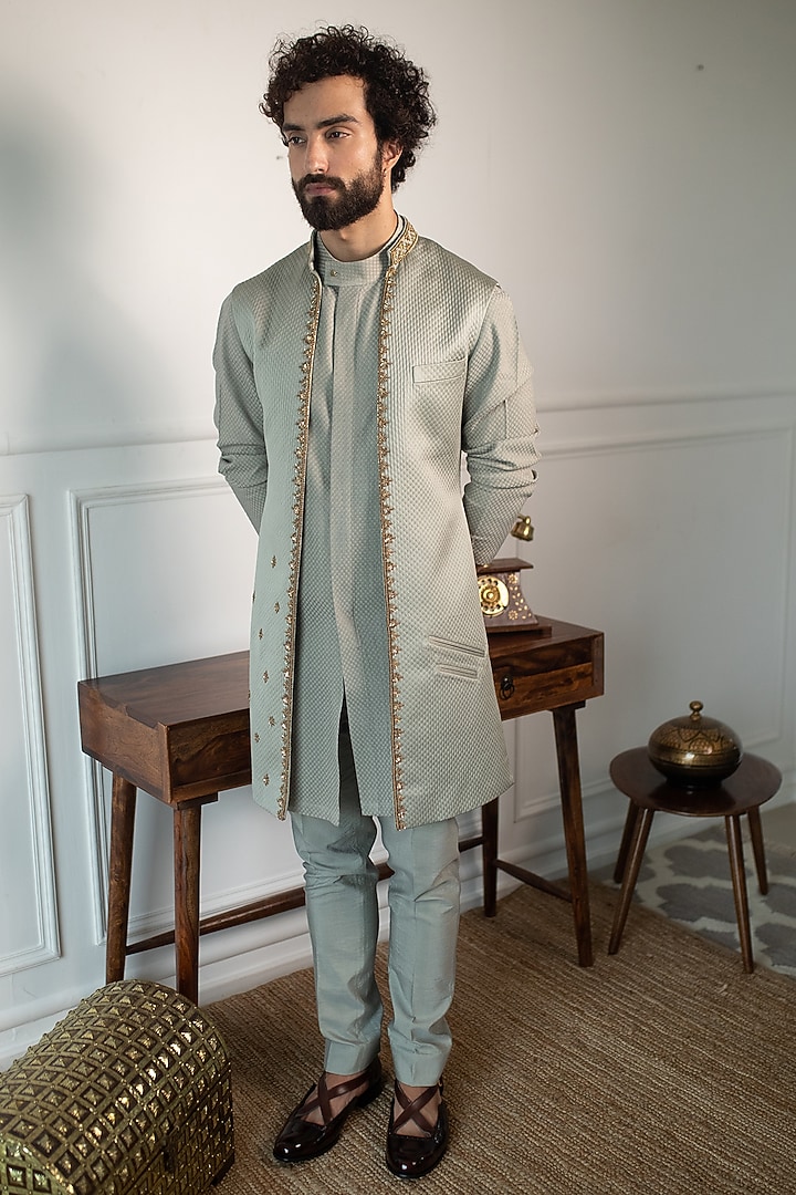 Dusty Green Silk Embroidered Jacket Set by Contrast By Parth at Pernia's Pop Up Shop