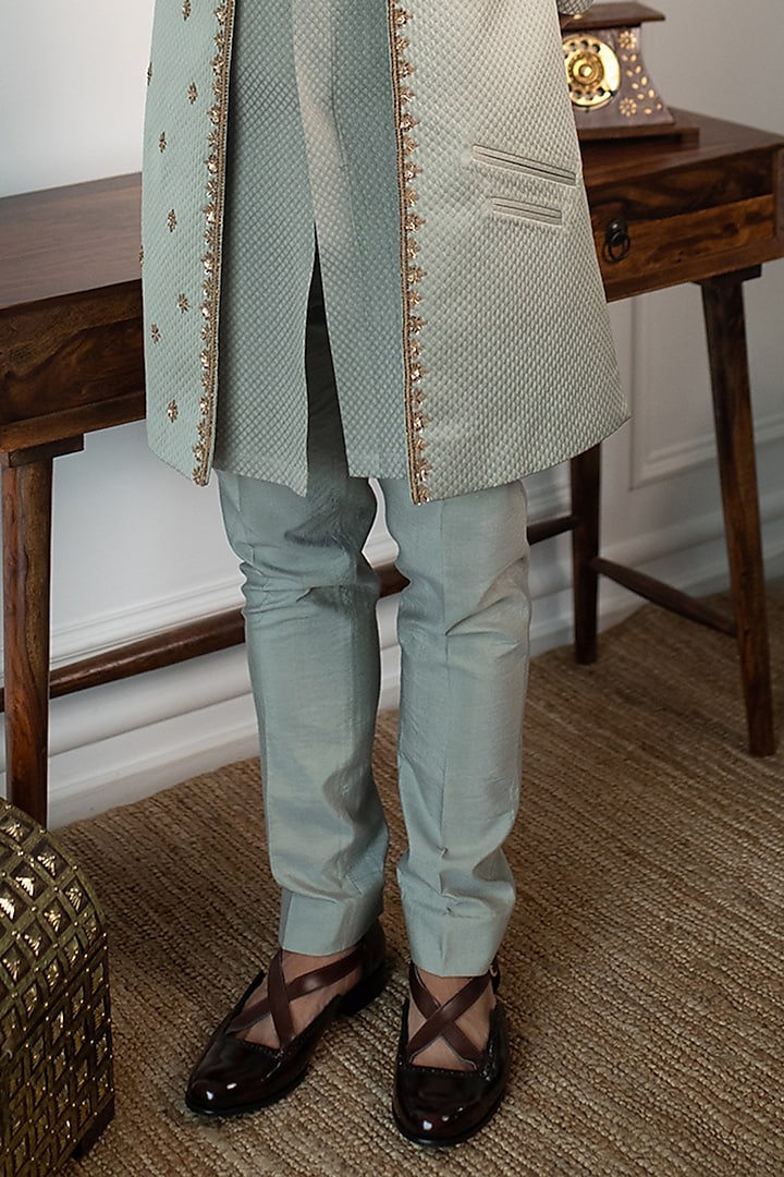 Dusty Green Silk Embroidered Jacket Set by Contrast By Parth at Pernia's Pop Up Shop