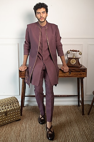 Wine Silk Jacquard Embroidered Jacket Set by Contrast By Parth