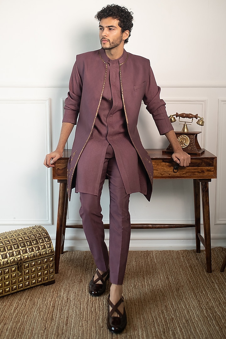 Wine Silk Jacquard Embroidered Jacket Set by Contrast By Parth at Pernia's Pop Up Shop