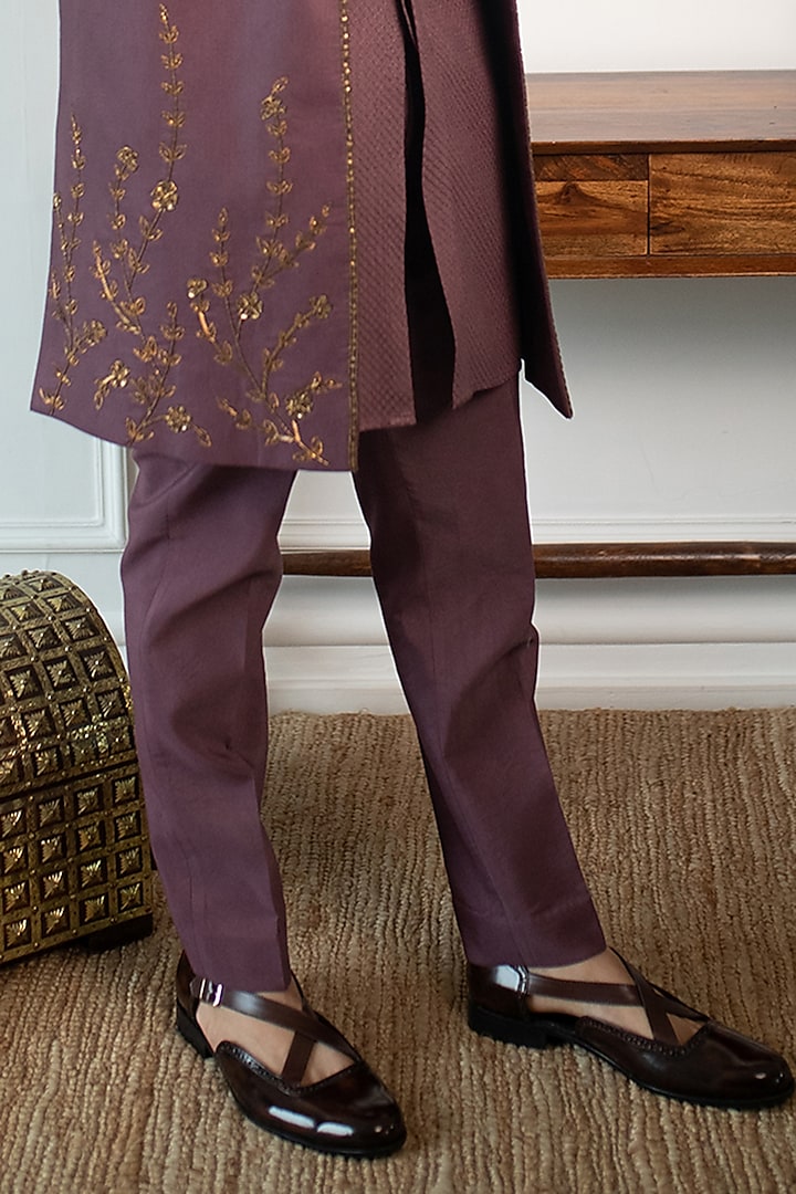 Wine Silk Jacquard Embroidered Jacket Set by Contrast By Parth at Pernia's Pop Up Shop