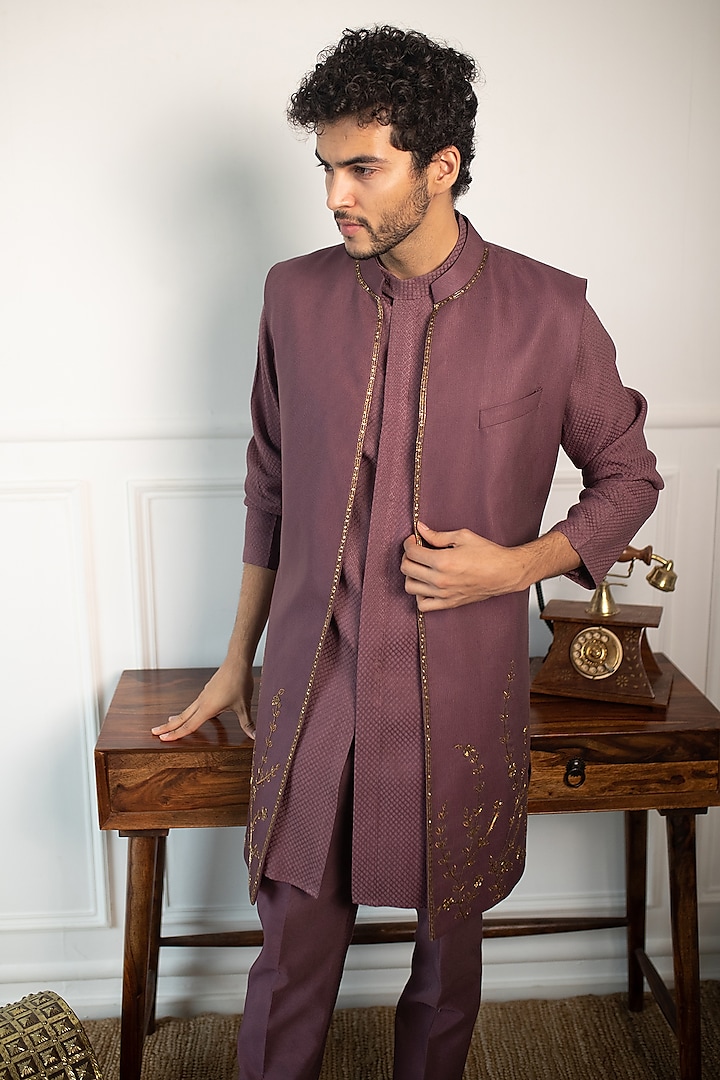 Wine Silk Jacquard Embroidered Jacket Set by Contrast By Parth at Pernia's Pop Up Shop