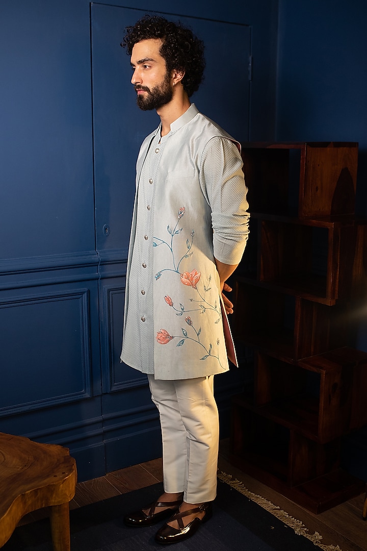 Light Blue Silk Hand Painted Jacket Set by Contrast By Parth