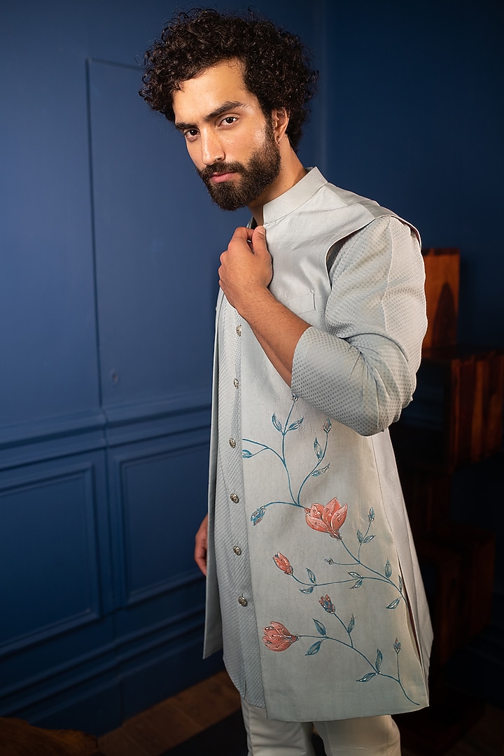 Light Blue Silk Hand Painted Jacket Set by Contrast By Parth at Pernia's Pop Up Shop