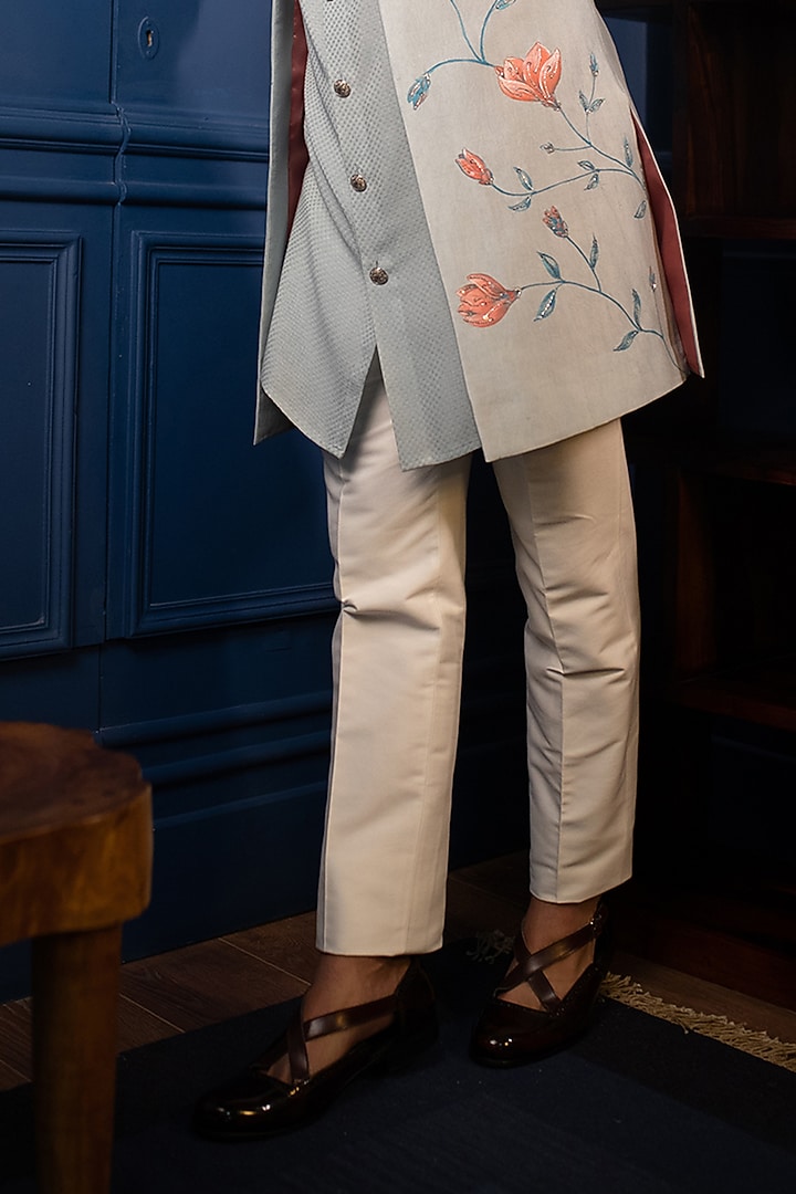 Light Blue Silk Hand Painted Jacket Set by Contrast By Parth at Pernia's Pop Up Shop