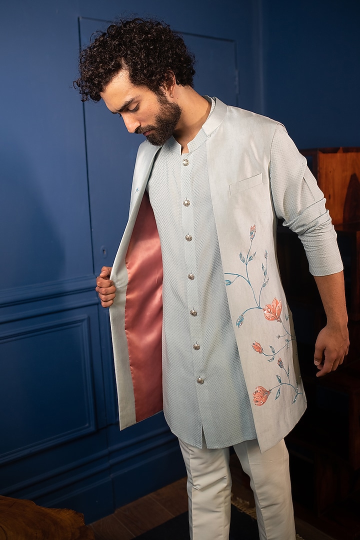 Light Blue Silk Hand Painted Jacket Set by Contrast By Parth at Pernia's Pop Up Shop