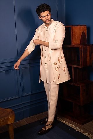 Peach Silk Hand Painted Jacket Set by Contrast By Parth