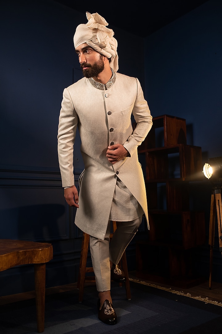Dusty Grey Silk Jacquard Sequins Embellished Wedding Sherwani Set by Contrast By Parth at Pernia's Pop Up Shop