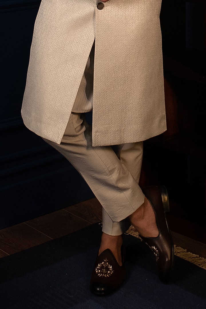 Dusty Grey Silk Jacquard Sequins Embellished Wedding Sherwani Set by Contrast By Parth at Pernia's Pop Up Shop
