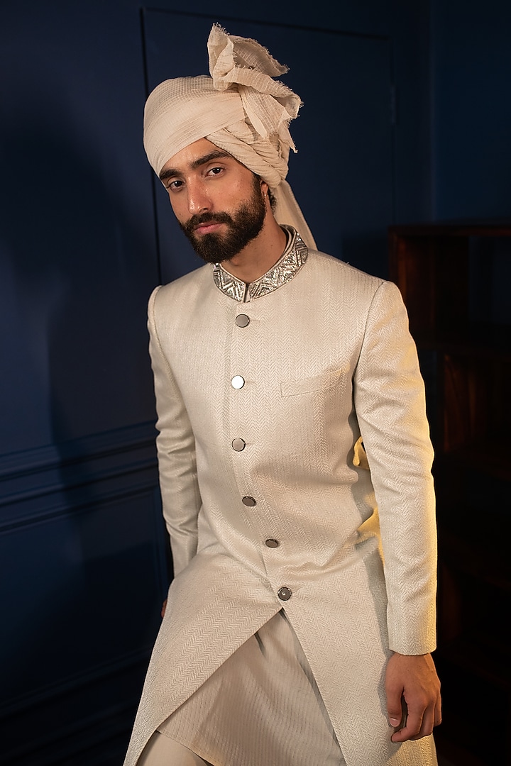 Dusty Grey Silk Jacquard Sequins Embellished Wedding Sherwani Set by Contrast By Parth at Pernia's Pop Up Shop
