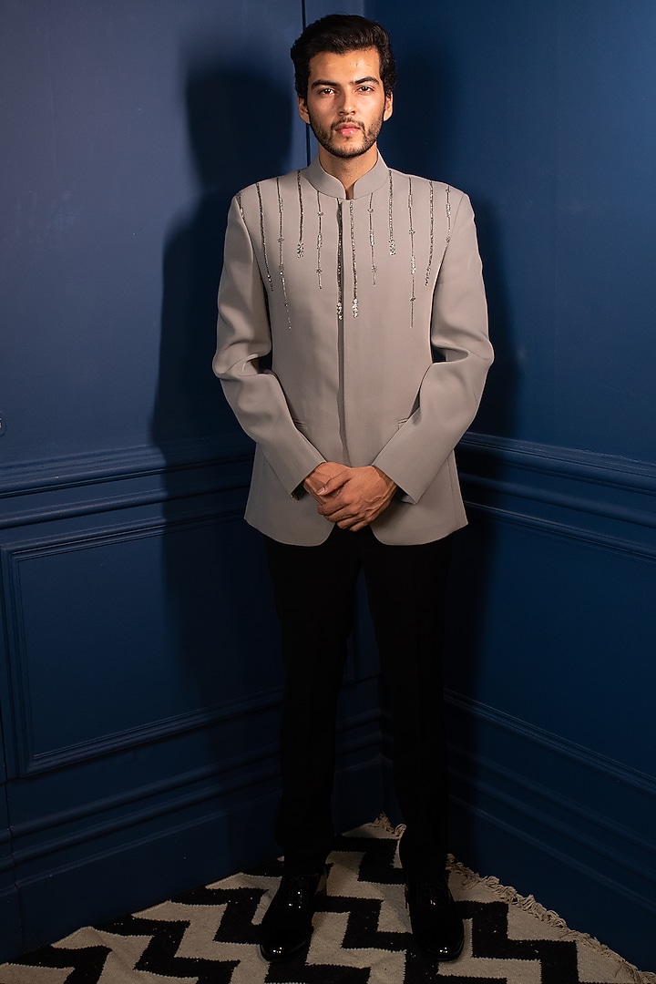 Grey Italian Suiting Wedding Bandhgala Set by Contrast By Parth at Pernia's Pop Up Shop
