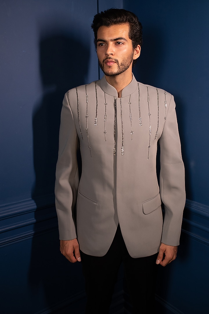 Grey Italian Suiting Wedding Bandhgala Set by Contrast By Parth at Pernia's Pop Up Shop