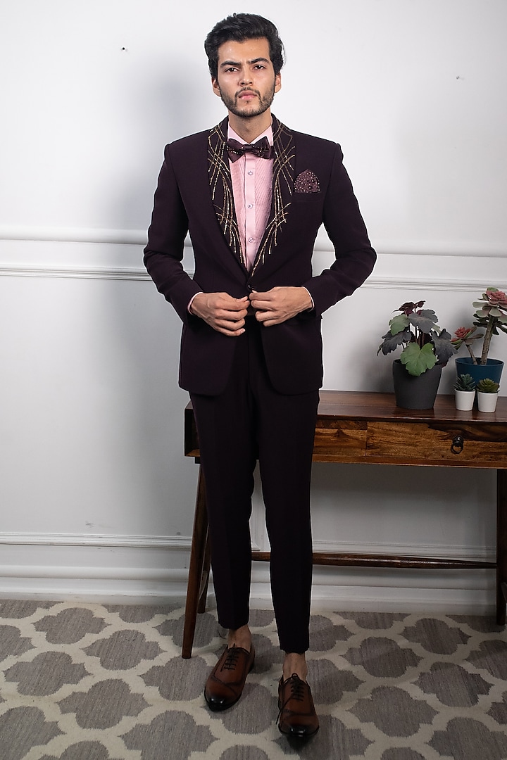 Wine Italian Suiting Tuxedo Set by Contrast By Parth