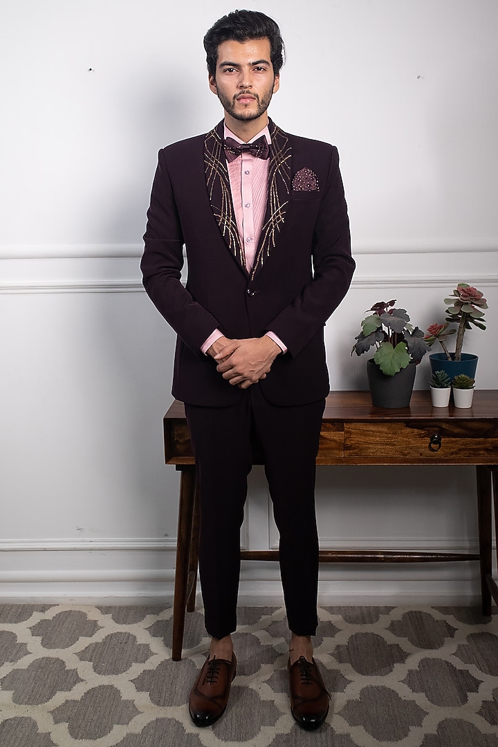 Wine Italian Suiting Tuxedo Set by Contrast By Parth at Pernia's Pop Up Shop