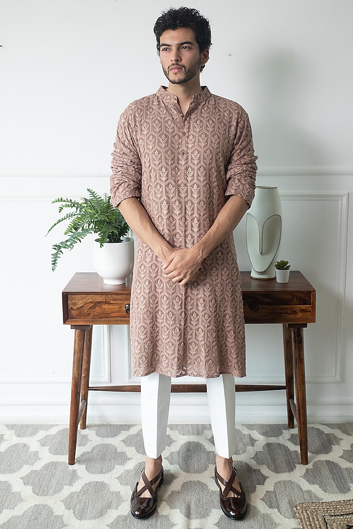 Rose Brown Embroidered Kurta Set by Contrast By Parth