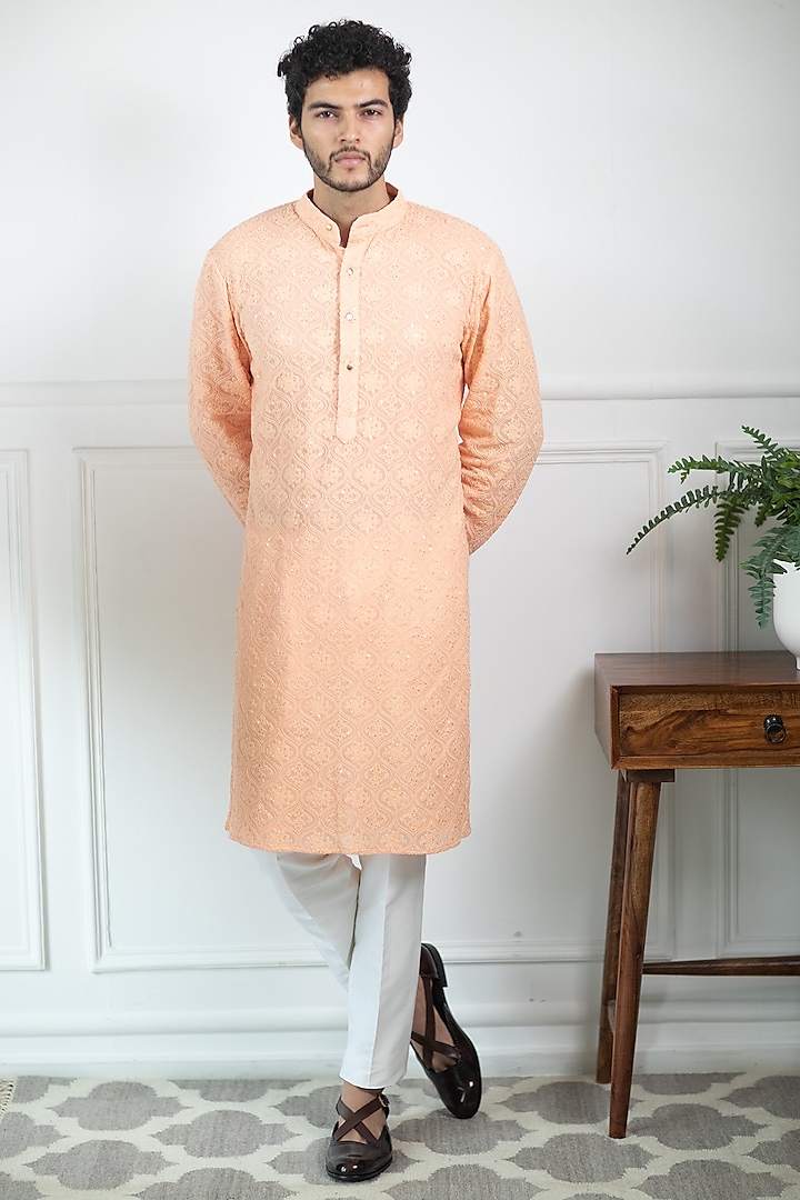 Peach Embroidered Kurta Set by Contrast By Parth