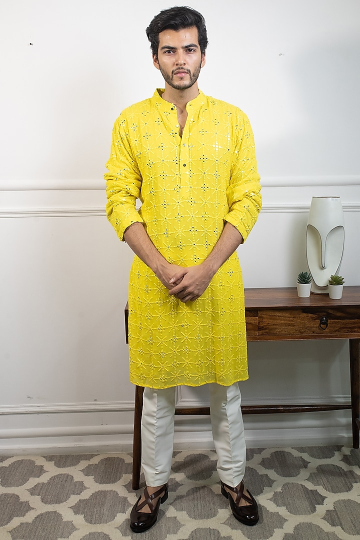 Yellow Embroidered Kurta Set by Contrast By Parth