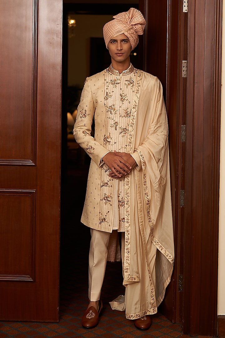 Beige Embroidered Sherwani Set by Contrast By Parth