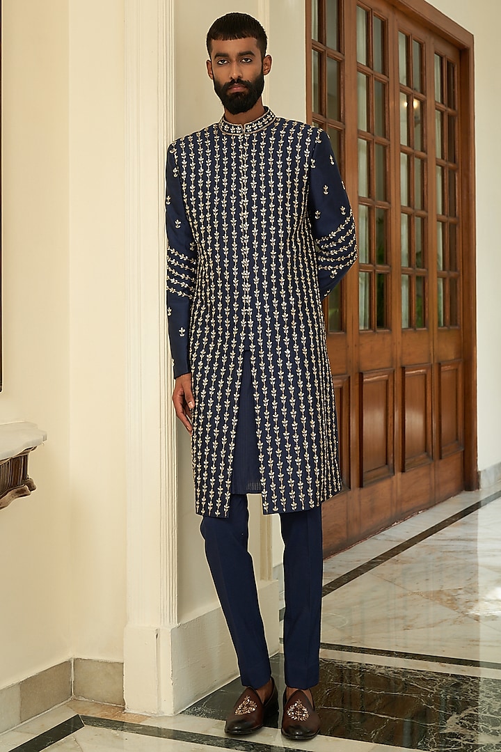 Navy Blue Embroidered Sherwani Set by Contrast By Parth