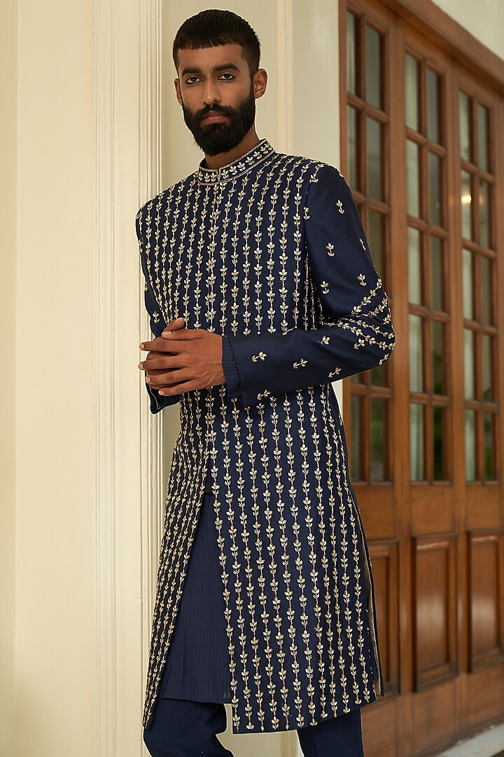 Navy Blue Pure Silk Embroidered Groom Sherwani Set by Contrast By Parth at Pernia's Pop Up Shop