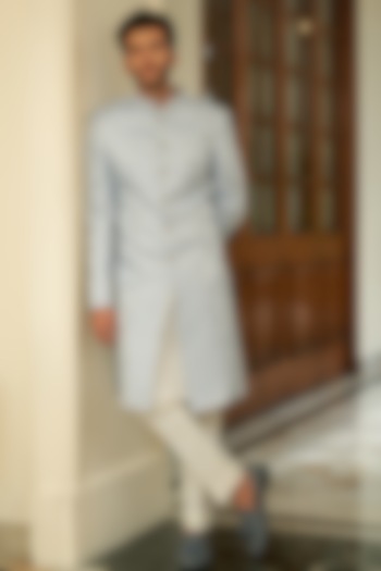 Light Blue Silk Jacquard Achkan Jacket Set by Contrast By Parth