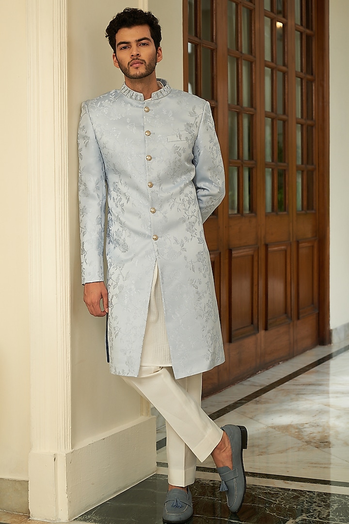 Light Blue Silk Jacquard Achkan Jacket Set by Contrast By Parth