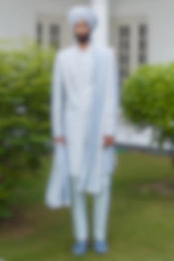 Ice Blue Embroidered Groom Sherwani Set by Contrast By Parth at Pernia's Pop Up Shop