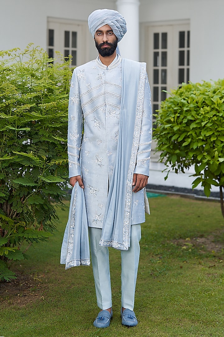 Ice Blue Embroidered Groom Sherwani Set by Contrast By Parth at Pernia's Pop Up Shop