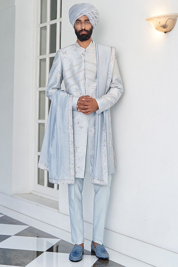 Ice Blue Raw Silk Dabka Embroidered Groom Sherwani Set by Contrast By Parth at Pernia's Pop Up Shop